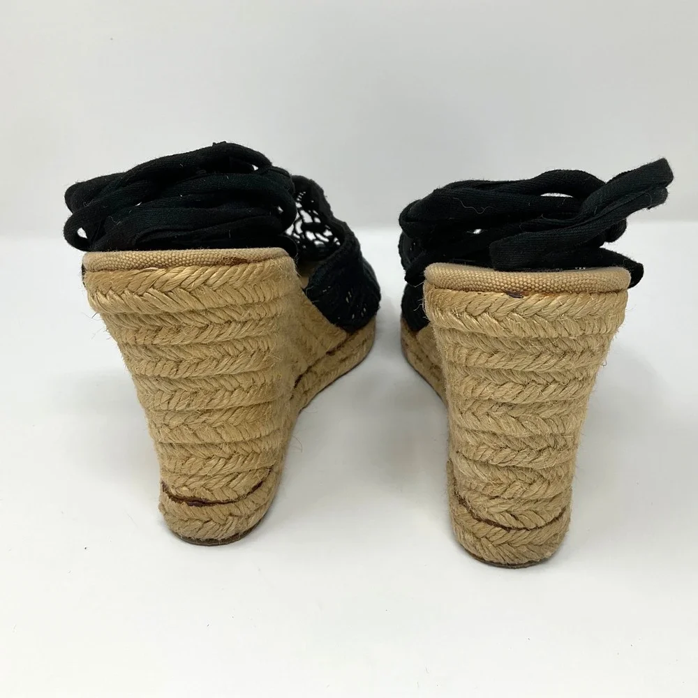 Anne Klein Espadrille Wedge Sandals Black Lace Up Ankle Wrap 38 7.5 Boho Classic